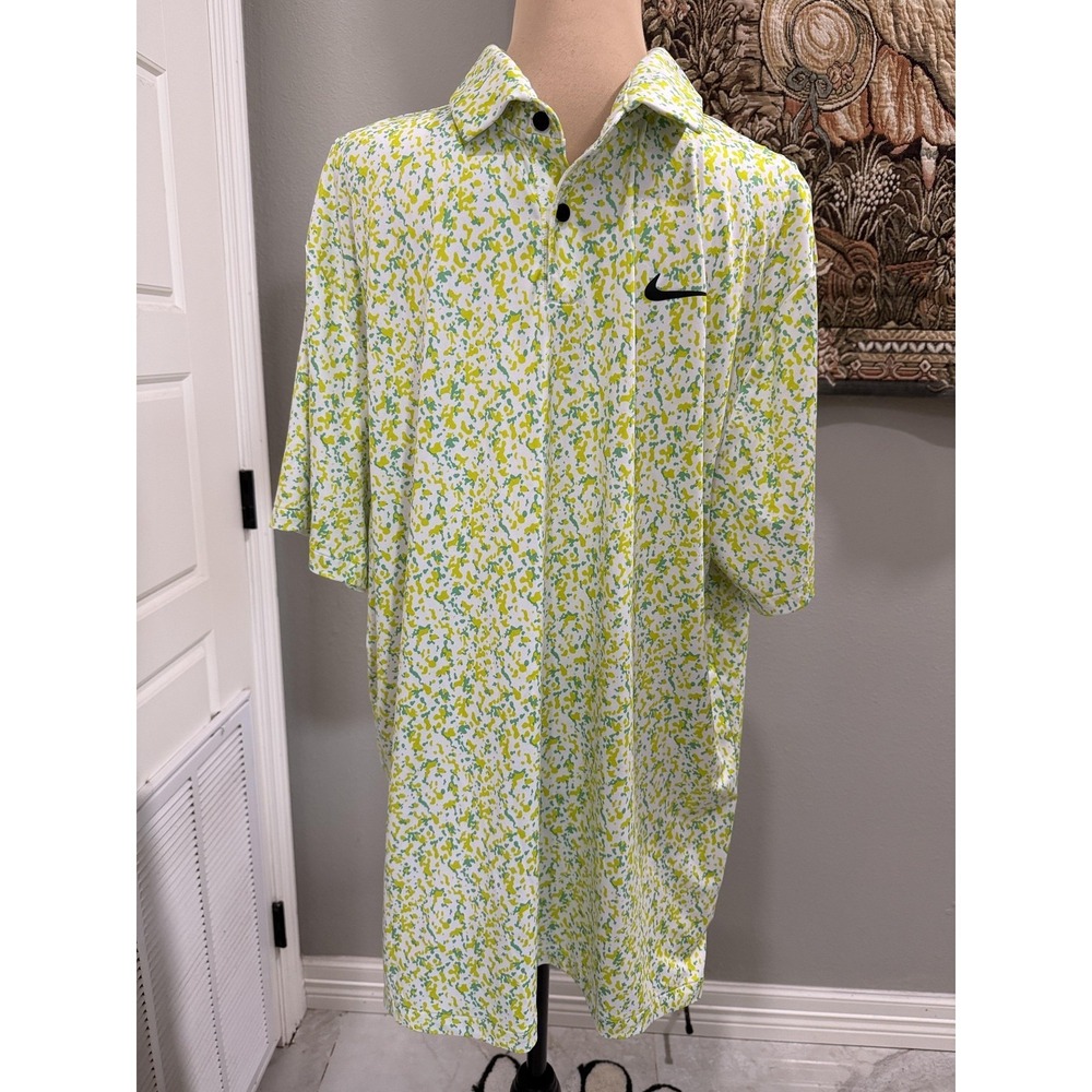 Nike Polo Shirt Mens Large White Dri-FIT Golf Abstract Print Performance Stretch